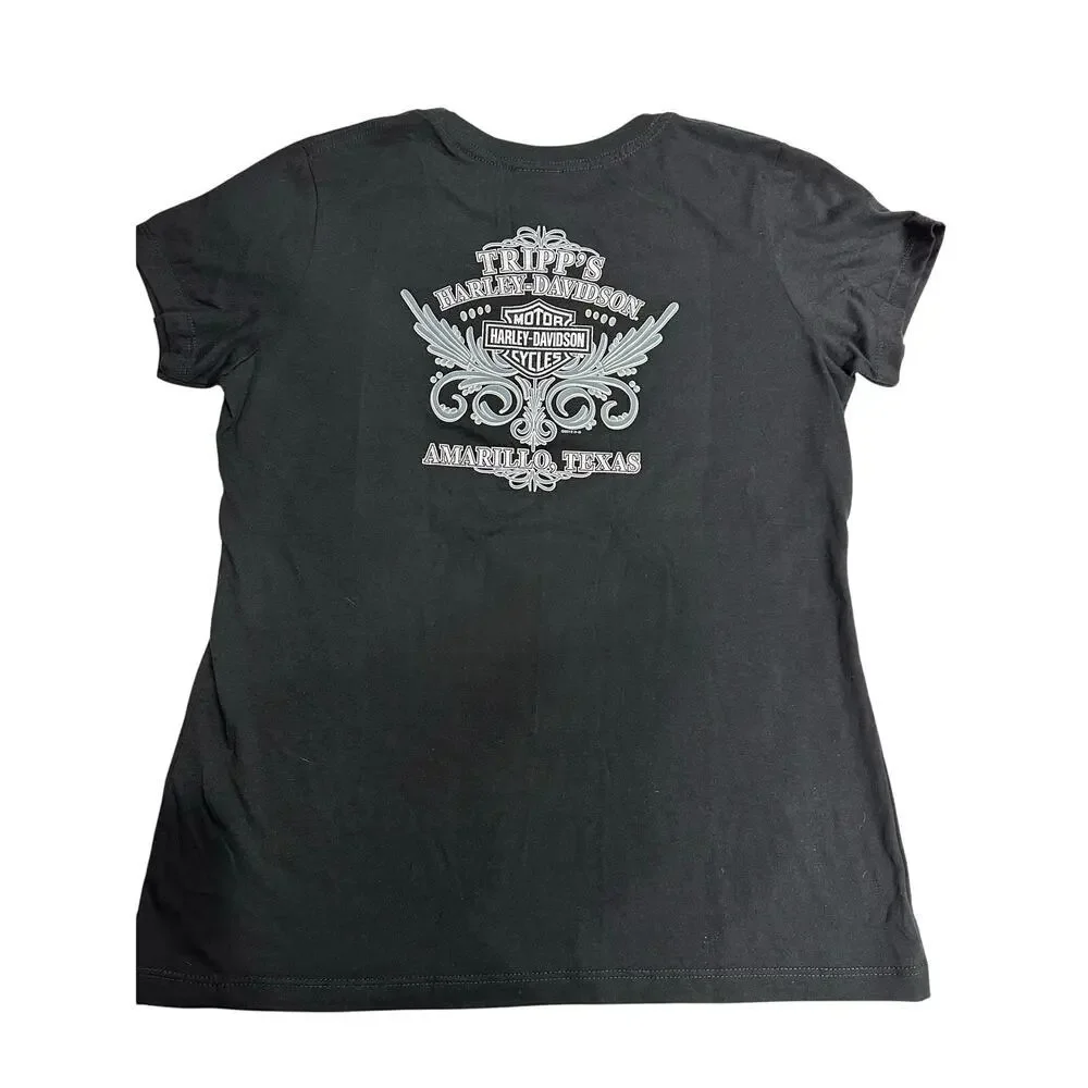 Harley Davidson Women’s T shirt Black Large Tripps Amarillo Texas Biker Chic - Picture 5 of 6